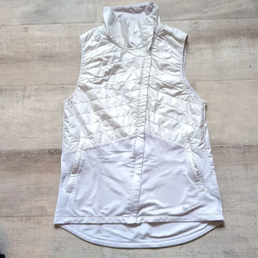 ​Nike Run Division White Quilted Puffer Running Vest Full Zip Stand Collar S
